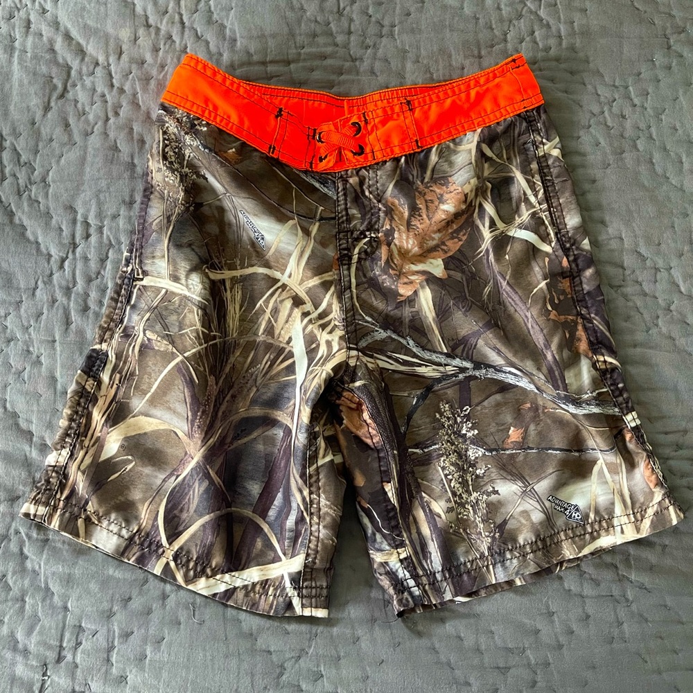 Advantage Max-4 Unlined Camo Orange Swim Shorts NO LINER Size 6/7 Boys’
